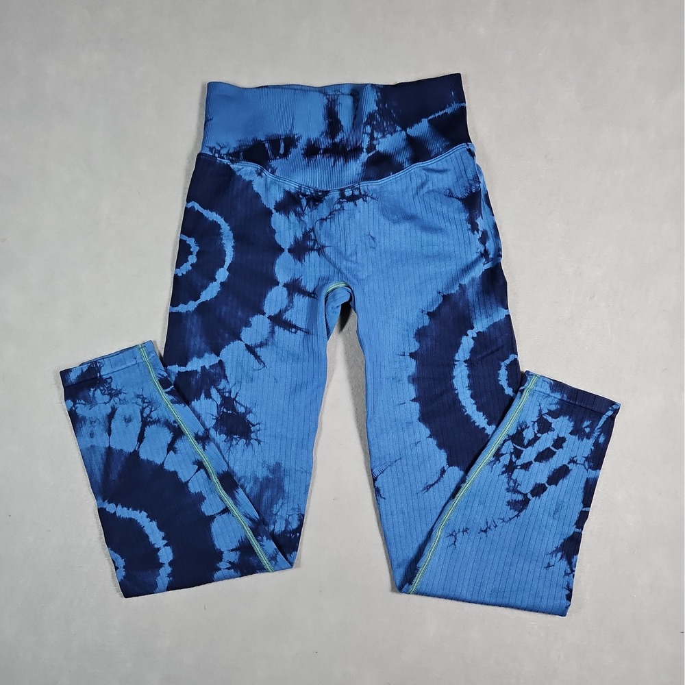 PINK Active Womens Blue Tie Dye Ribbed Compression Leggings Size Small